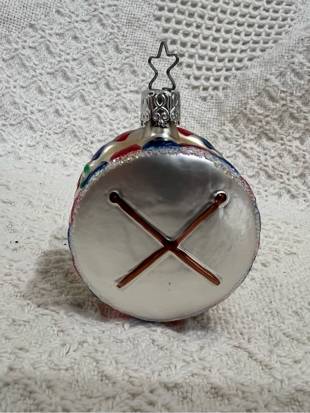 West Germany Glass Drum Christmas Ornament - Red, Gold, Green, Blue - Picture 2 of 4